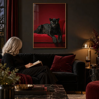 Luxury Panther Art, framed on the wall of a moody luxe living room with a dark charcoal painted wall