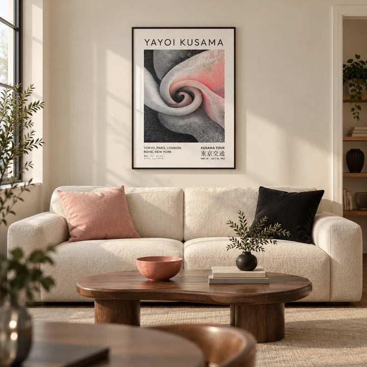 Luxury Wall Art for Living Room, framed on the wall of a contemporary living room in a UK city flat with warm ivory walls and a walnut floor