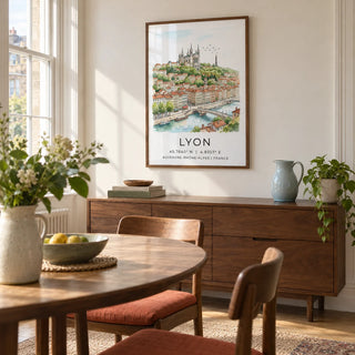Lyon City Art Print, framed on the wall of a bright dining room in a UK period flat with pale cream walls and a tall sash window