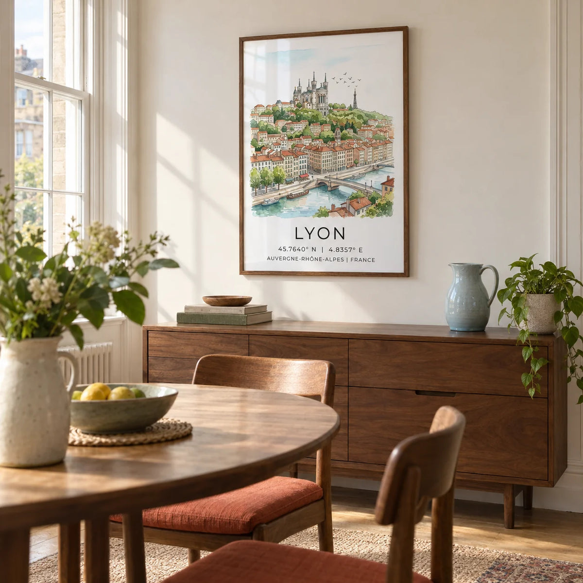 Lyon City Art Print, framed on the wall of a bright dining room in a UK period flat with pale cream walls and a tall sash window
