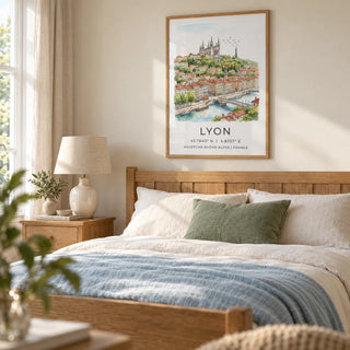 Lyon City Art Print, framed on the wall of a calm main bedroom in a UK home with a pale cream wall and natural wood furniture