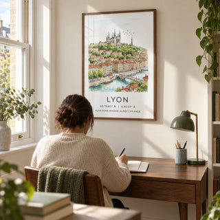 Lyon City Art Print, framed on the wall of a quiet study in a UK flat with a warm white wall and a sash window