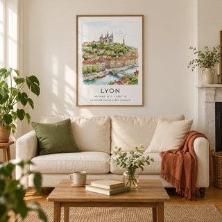 Lyon City Art Print, framed on the wall of a relaxed living room in a UK Victorian terrace with warm white walls