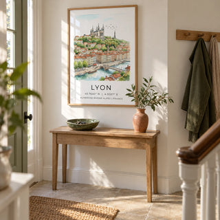 Lyon City Art Print, framed on the wall of a welcoming hallway in a UK terraced home with soft white walls and a simple limestone floor