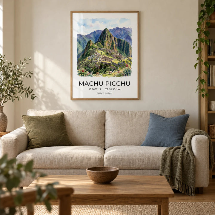 Machu Picchu Art Print, framed on the wall of a warm living room in a UK terraced house with ivory limewashed walls and a honey oak floor