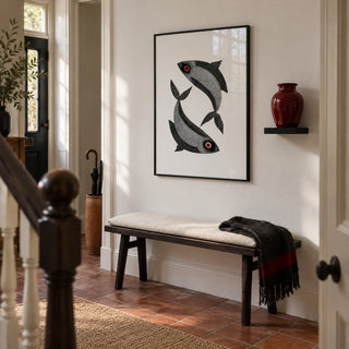 Madhubani Fish Wall Art, framed on the wall of a characterful hallway in a renovated UK Victorian terrace with chalky white walls and plain terracotta floor tiles