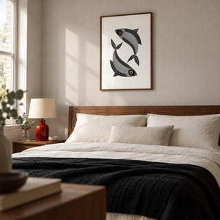 Madhubani Fish Wall Art, framed on the wall of a contemporary bedroom in a UK townhouse with a pale warm grey wall
