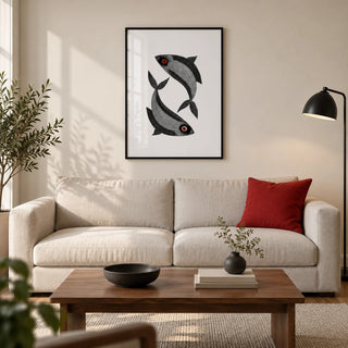 Madhubani Fish Wall Art, framed on the wall of a contemporary living room in a UK city flat with warm white plaster walls and a walnut floor