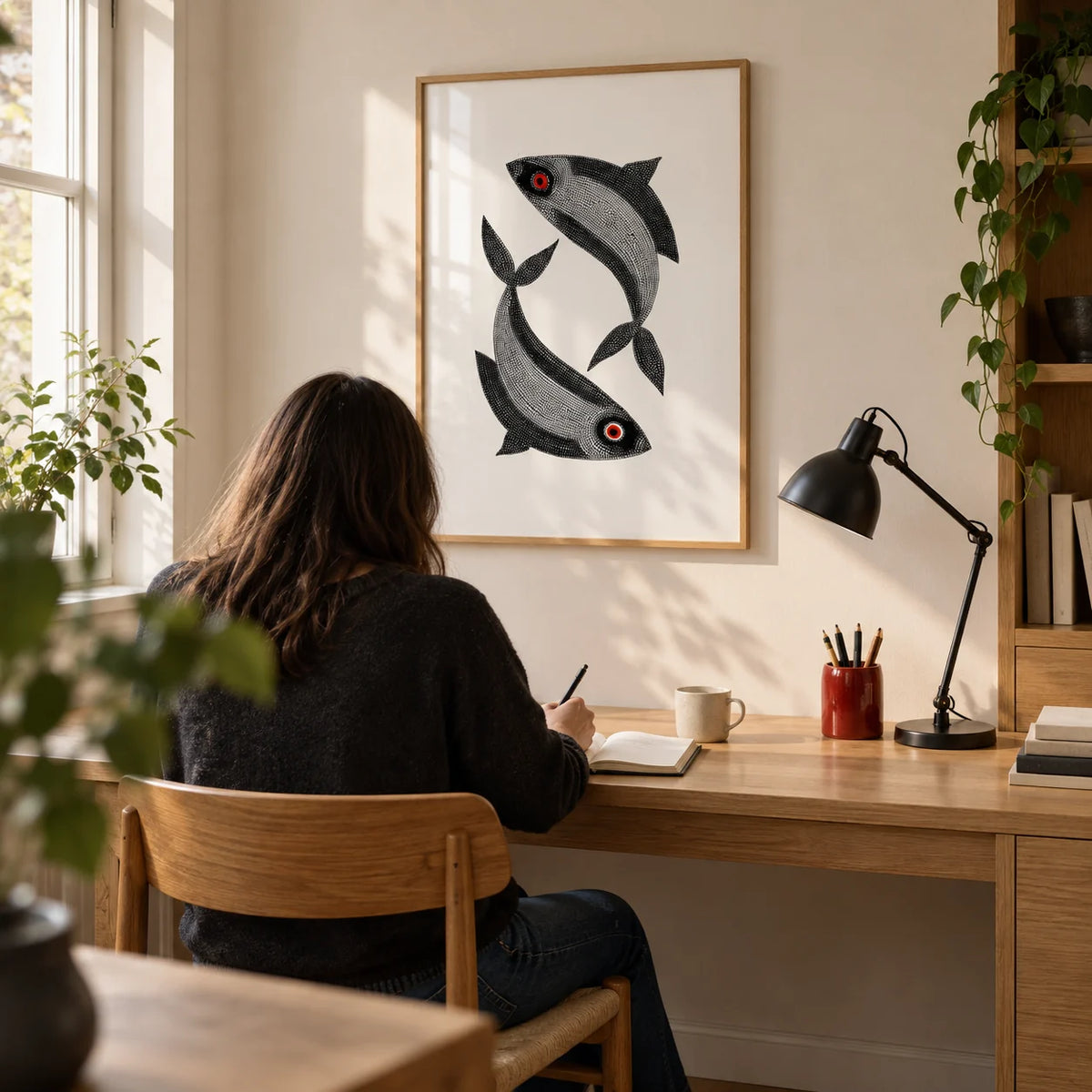 Madhubani Fish Wall Art, framed on the wall of a quiet home study in a UK flat with a warm white wall and a built-in oak desk
