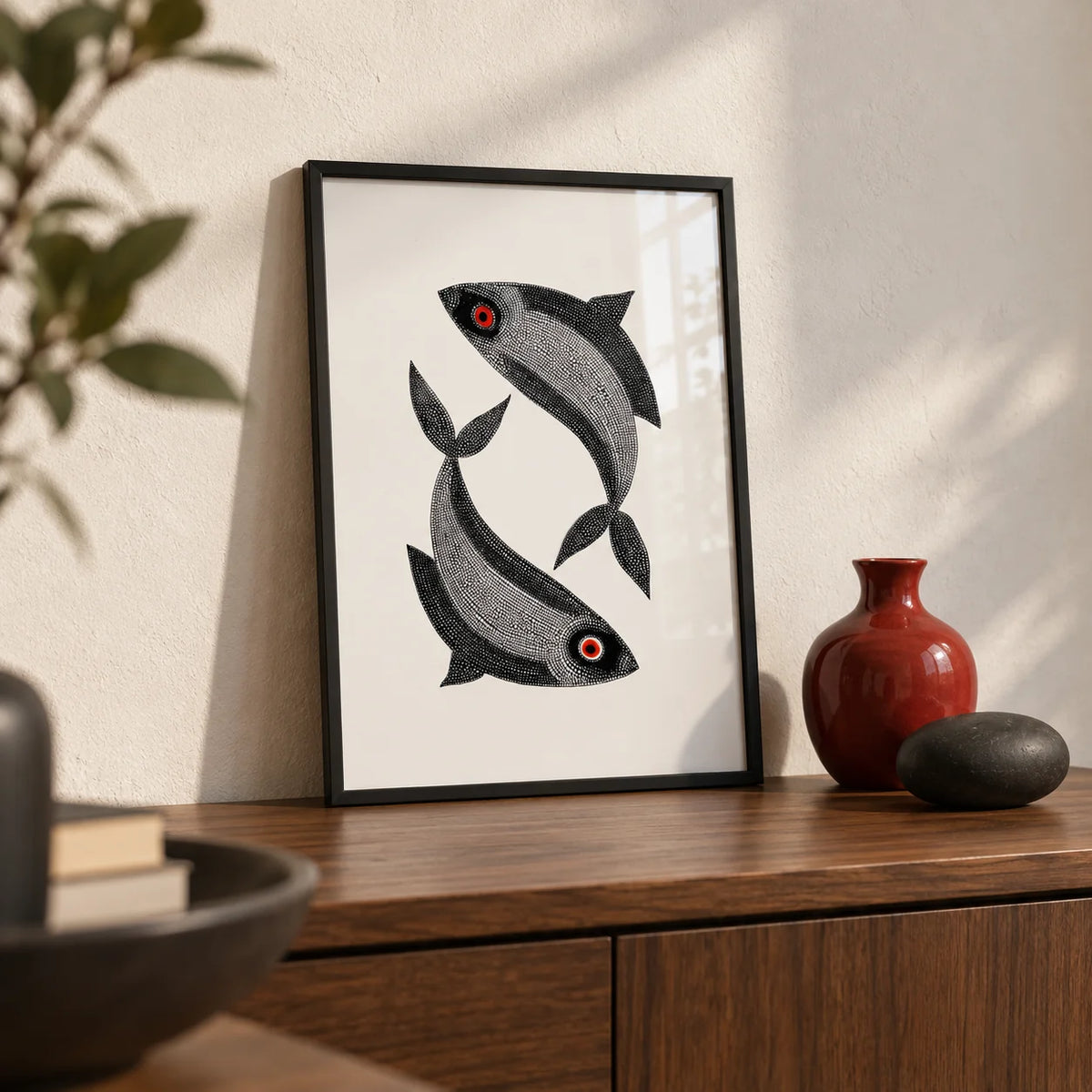 Madhubani Fish Wall Art, a small A4 framed print leaning on a walnut side table in a hallway
