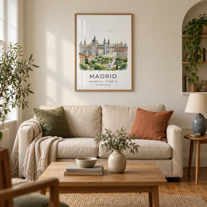 Madrid Cityscape Art Print, framed on the wall of a warm living room in a UK Victorian terrace with cream plaster walls