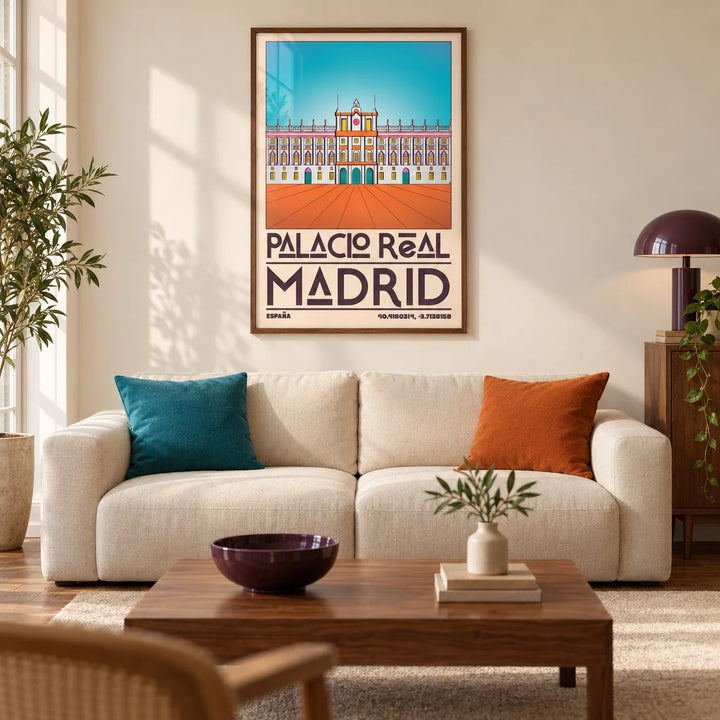 Madrid Royal Palace Poster, framed on the wall of a design-led living room in a UK city flat with warm cream walls and a walnut floor