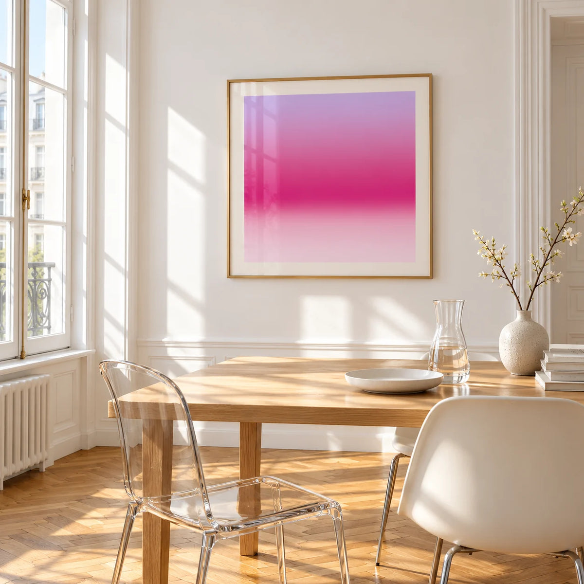 Magenta Print, framed on the wall of a bright dining corner