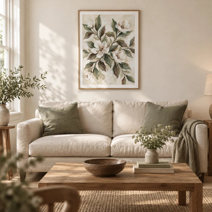 Magnolia Wall Decor, framed on the wall of a calm living room in a British terraced house with warm white plaster walls and pale oak floorboards