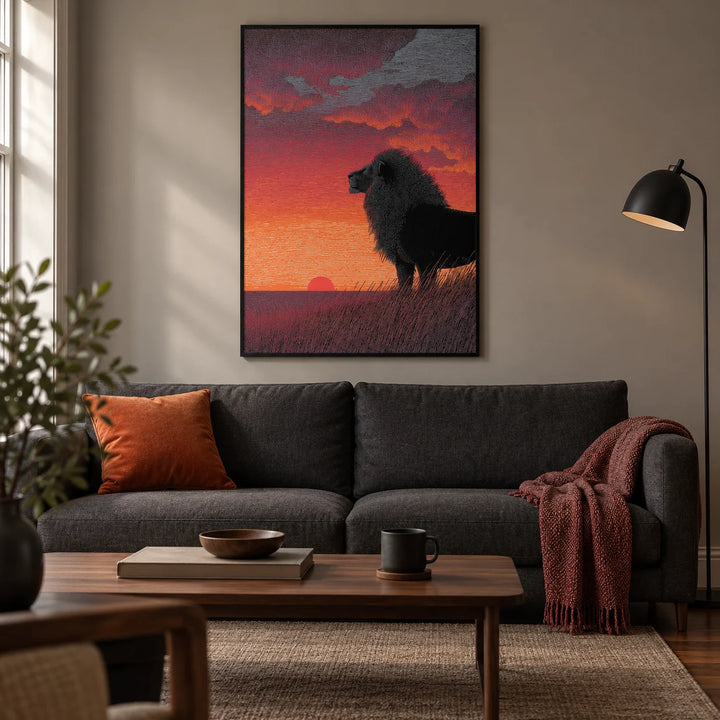 Majestic Lion Art Print, framed on the wall of a contemporary living room in a UK terraced house with a warm grey wall and walnut floorboards