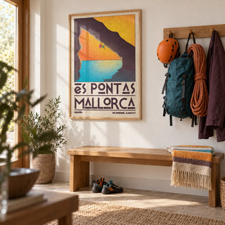 Mallorca Climbing Poster, framed on the wall of a climber's hallway with a white wall