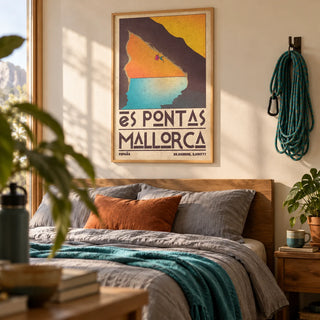 Mallorca Climbing Poster, framed on the wall of an outdoorsy young adult's bedroom (20-30) with a warm white wall