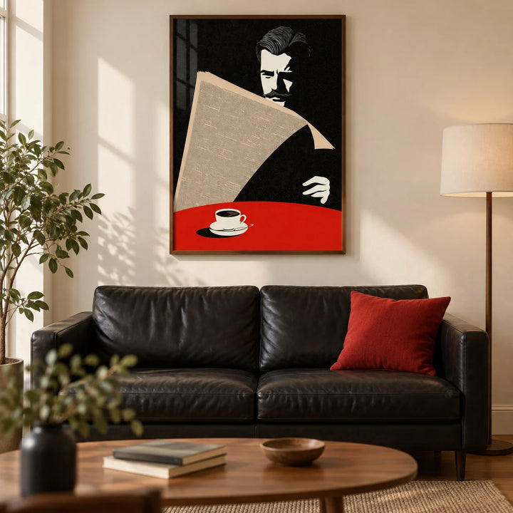 Art Deco Newspaper Reader Print, framed on the wall of a characterful modern living room in a UK city flat with warm cream walls and walnut floorboards