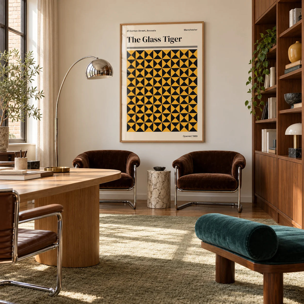 Manchester Art Print, framed on the wall of a calm design studio office with a pale wall