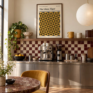 Manchester Art Print, framed on the wall of a stylish coffee nook