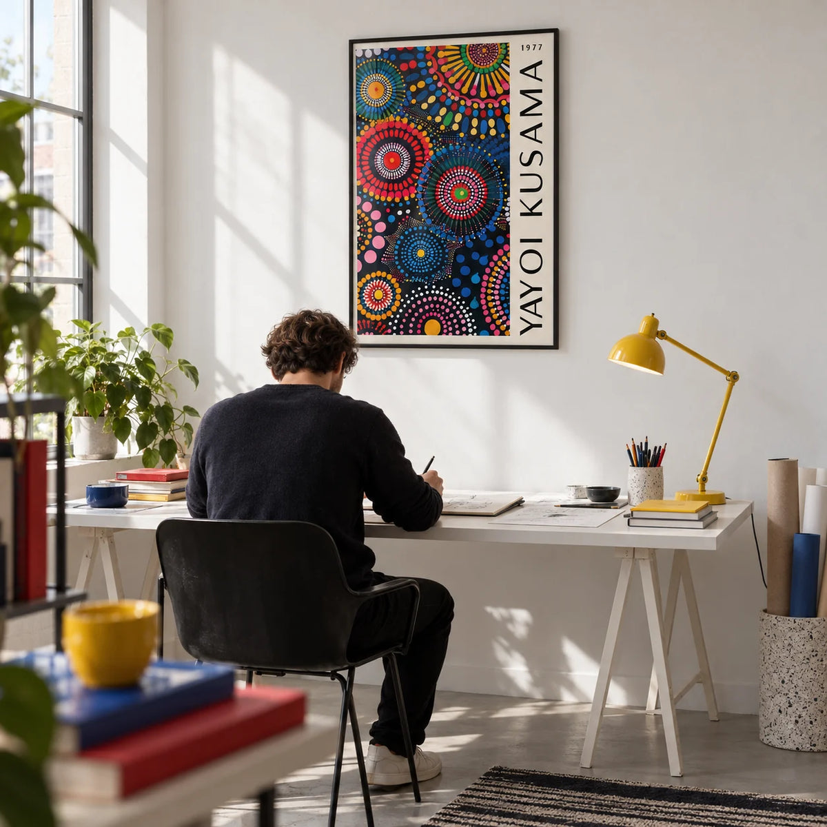 Mandala Art for Wall, framed on the wall of a bright design studio with a white wall and a pale grey floor in a home office