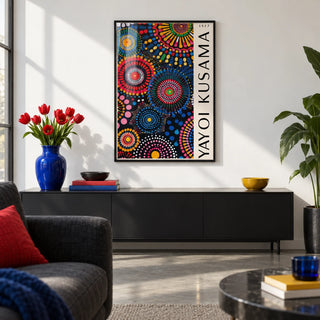 Mandala Art for Wall, framed on the wall of a crisp city flat living room with a white wall and a polished concrete floor