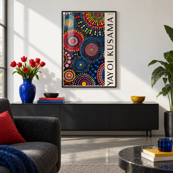 Mandala Art for Wall, framed on the wall of a crisp city flat living room with a white wall and a polished concrete floor