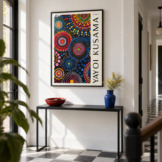 Mandala Art for Wall, framed on the wall of a crisp white hallway with a plain black and white floor