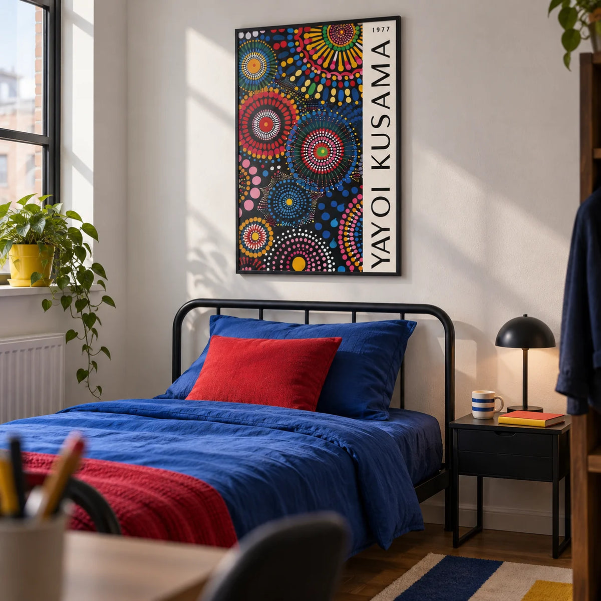Mandala Art for Wall, framed on the wall of a modern single bedroom in a first flat (22-28) with a white wall