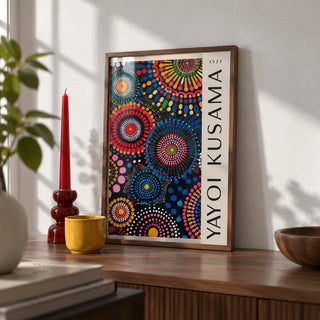 Mandala Art for Wall, a small A4 framed print leaning on a walnut shelf in a living room