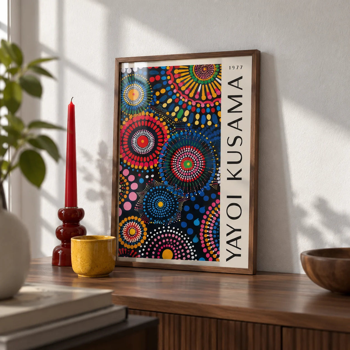 Mandala Art for Wall, a small A4 framed print leaning on a walnut shelf in a living room