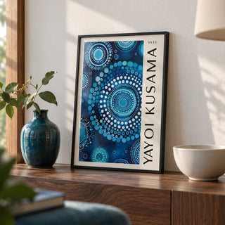 Mandala Wall Art, a small A4 framed print leaning on a walnut shelf in a living room