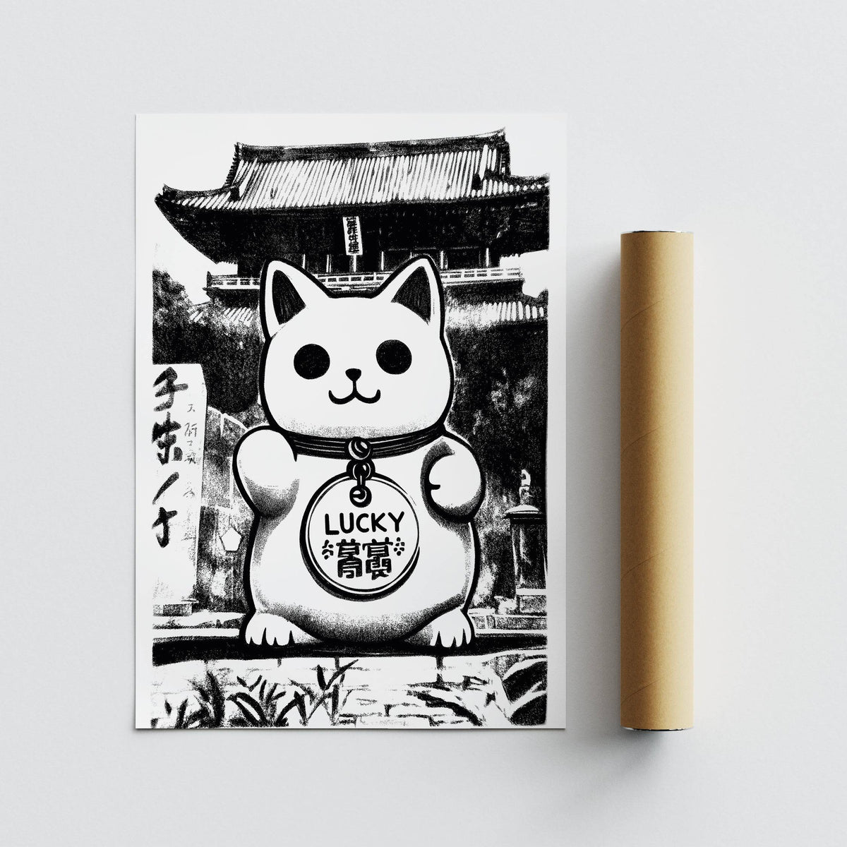 Monochrome Charm lucky cat print in black and white with a packaging tube