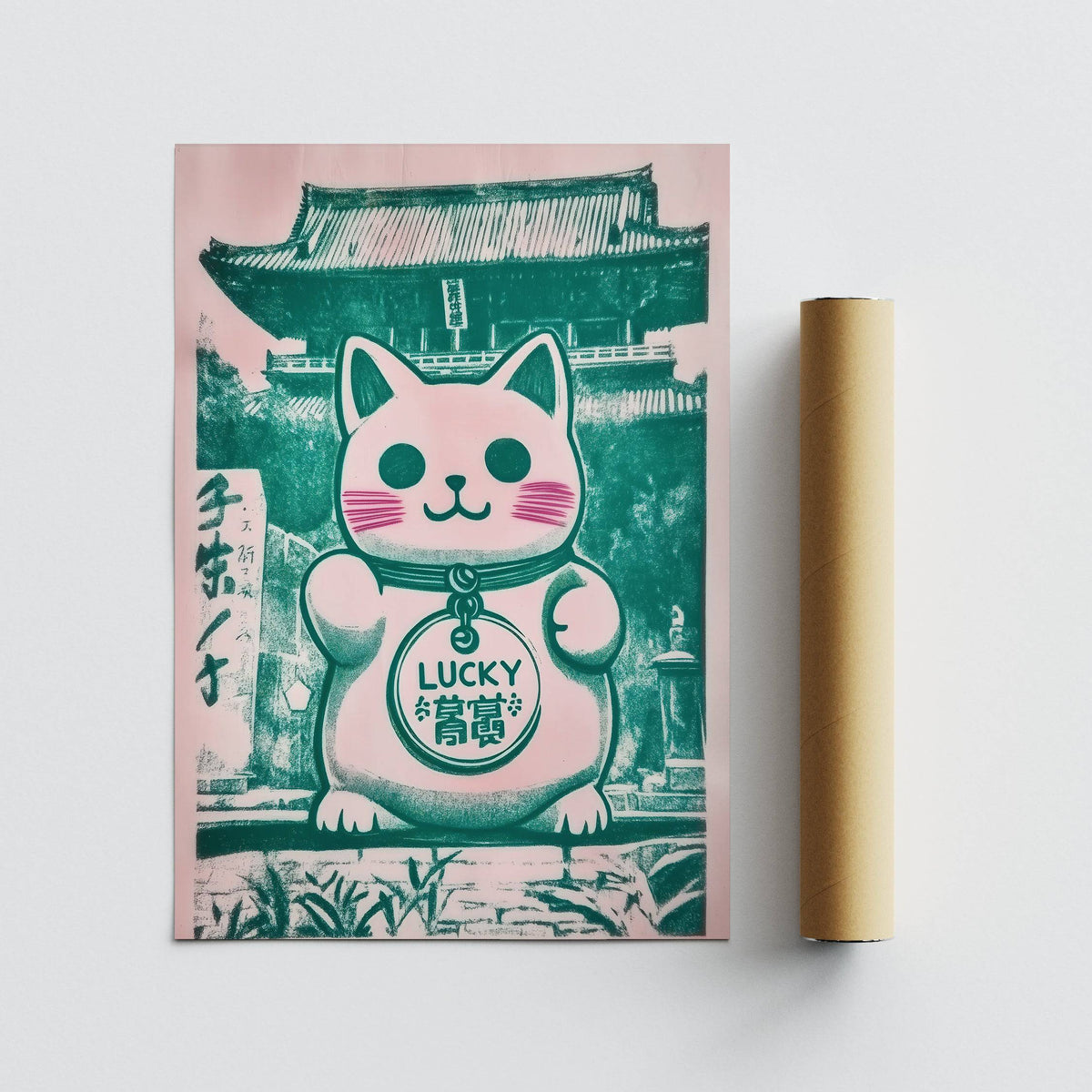 Rolled print of maneki-neko cat figurine illustration in green and pink beside a packaging tube