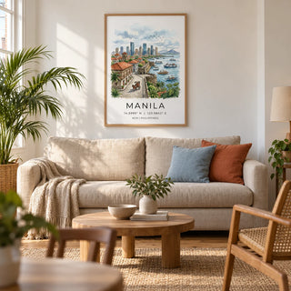 Manila City Art Print, framed on the wall of a warm contemporary living room in a UK terraced house with chalk-white walls