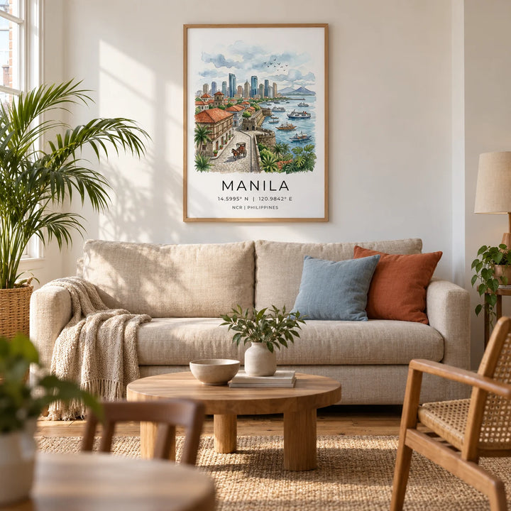 Manila City Art Print, framed on the wall of a warm contemporary living room in a UK terraced house with chalk-white walls