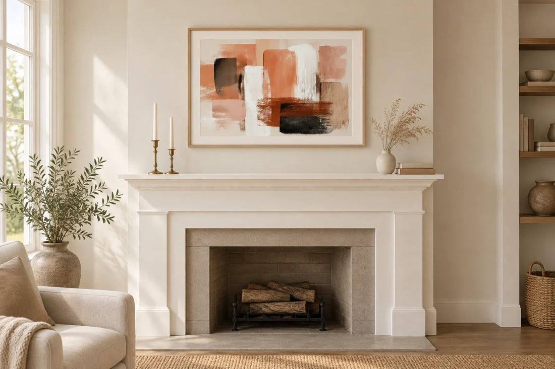Terracotta abstract art print in a light oak frame above a white fireplace mantel with brass candlesticks and dried grasses