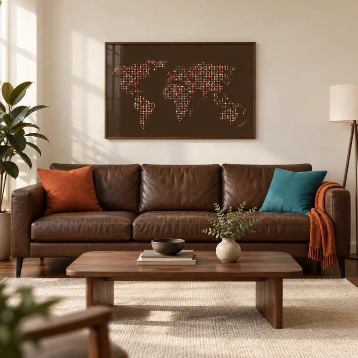 Map Of The World Poster, framed on the wall of a modern living room in a UK city flat with a warm white wall and walnut floor