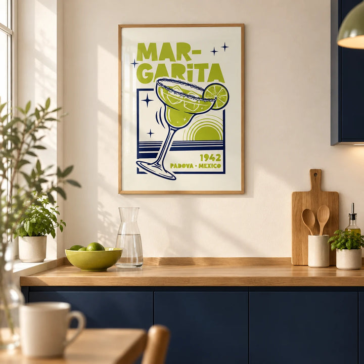 Margarita Art, framed on the wall of a modern kitchen in a UK first flat (25-30) with warm ivory walls