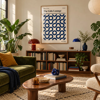 Margate Print, framed on the wall of a warm mid-century living room