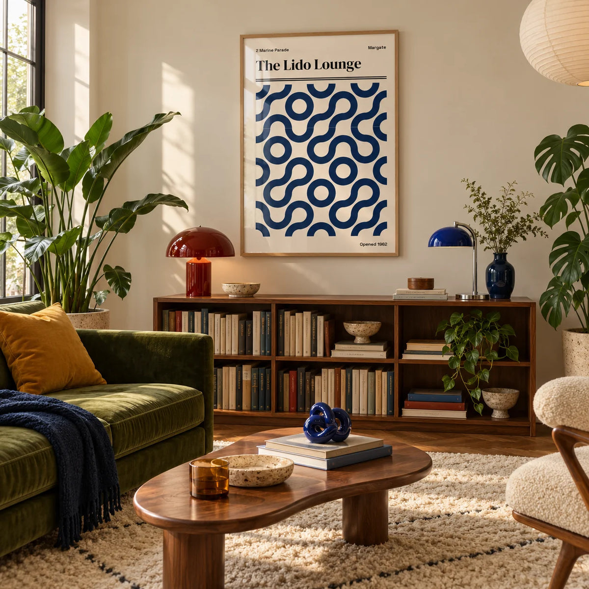 Margate Print, framed on the wall of a warm mid-century living room