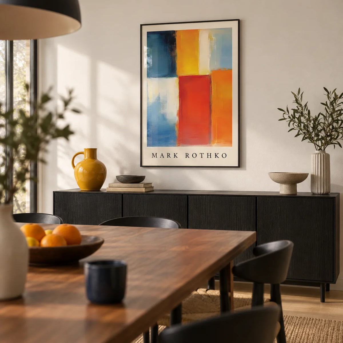 Mark Rothko Orange Red and Yellow, framed on the wall of a design-led dining room with a soft white wall