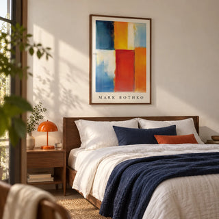 Mark Rothko Orange Red and Yellow, framed on the wall of a modern bedroom with a warm white wall