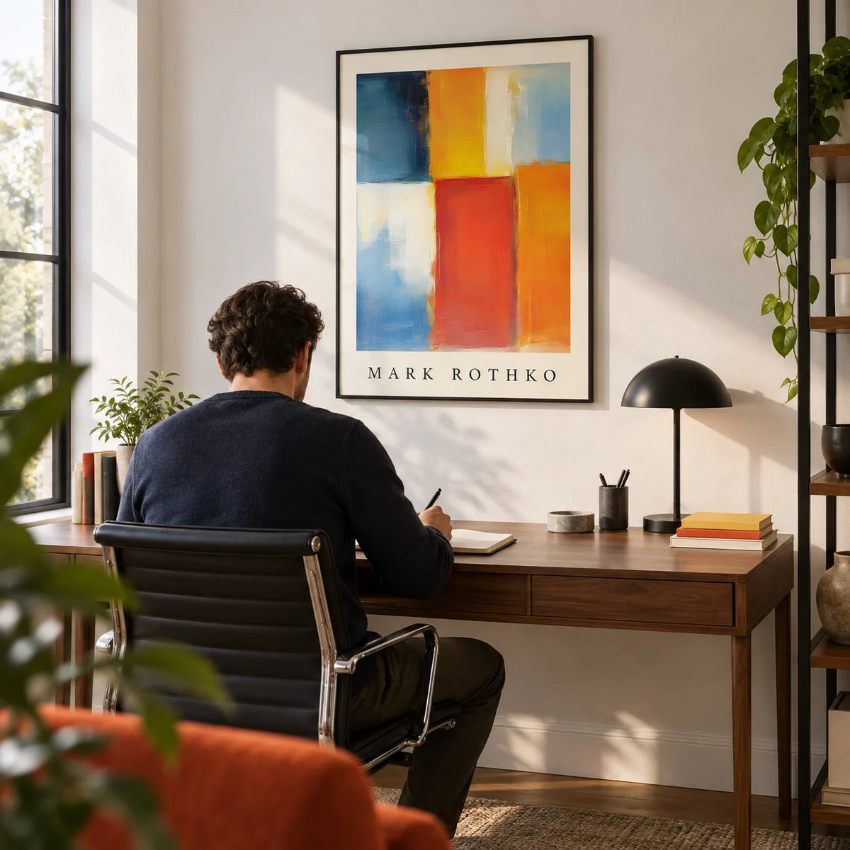 Mark Rothko Orange Red and Yellow, framed on the wall of a modern home office with a white wall