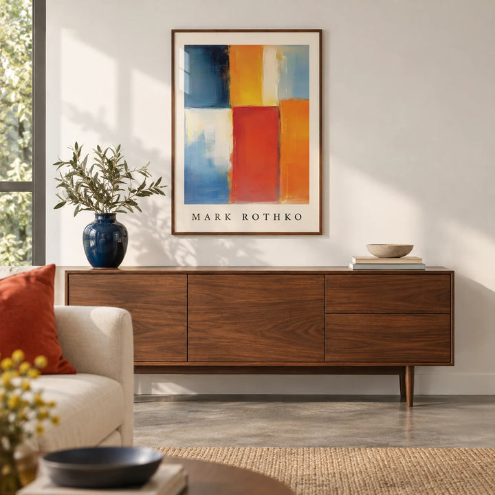 Mark Rothko Orange Red and Yellow, framed on the wall of a modern living room with a white wall and a polished concrete floor