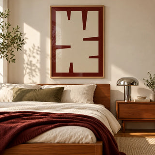 Maroon Wall Art, framed on the wall of a calm mid-century bedroom