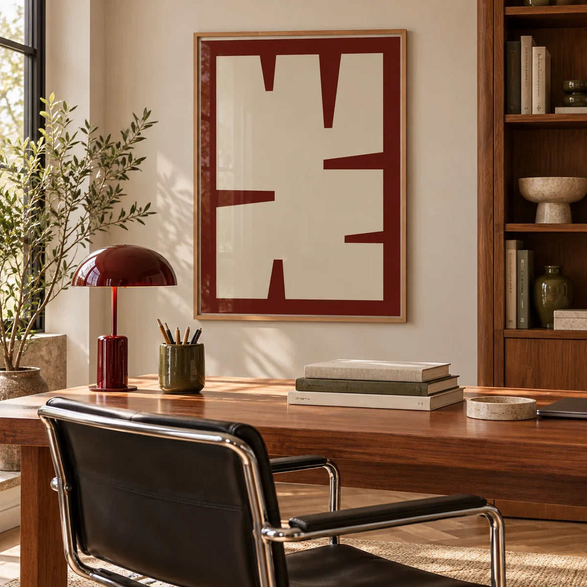 Maroon Wall Art, framed on the wall of a mid-century home office