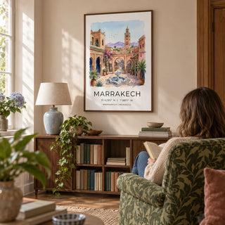 Marrakech Landscape Wall Art, framed on the wall of a quiet study in a UK flat with pale clay walls