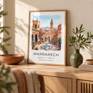 Marrakech Landscape Wall Art, a small A4 framed print leaning on a pale oak side table in a hallway