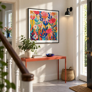 Matisse Exhibition Poster, framed on the wall of a bright entrance hallway in a UK townhouse with an off-white wall and large plain pale grey floor tiles